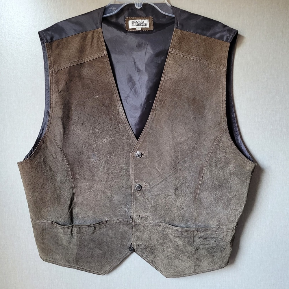 Basic Editions Leather Vest Mens XL Brown Suede Western Cowboy Waistcoat Biker